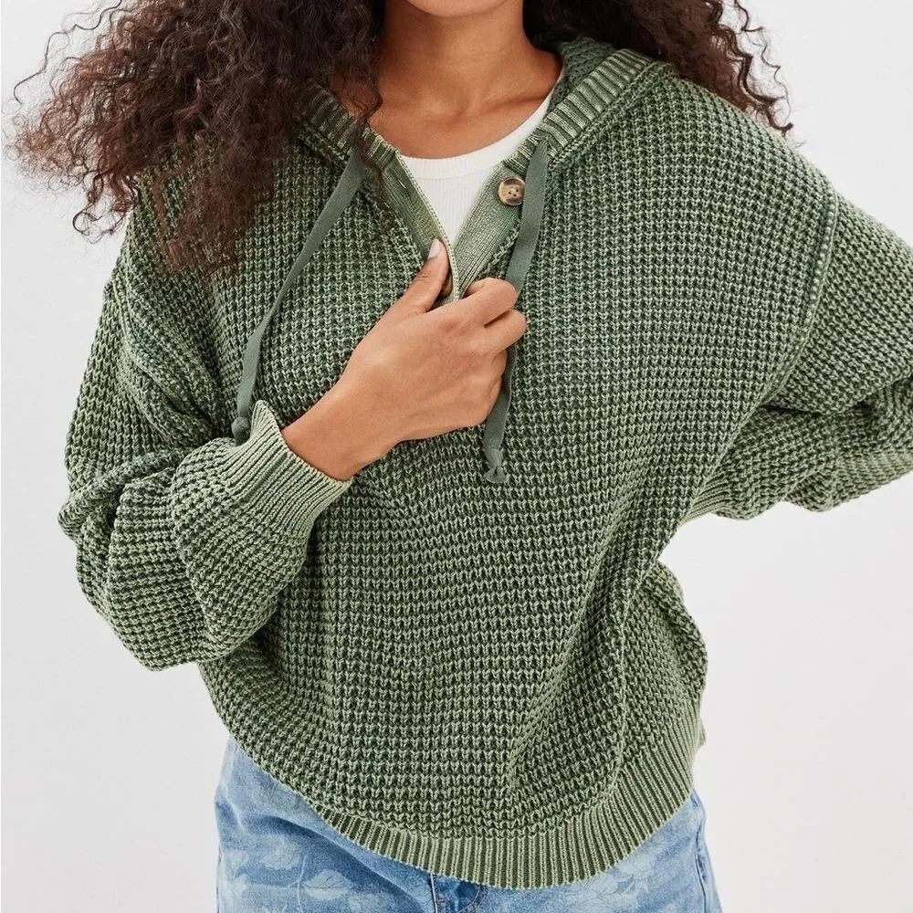 AE XXS Camo Green Olive Stone Wash Knit Three Button Pullover Hoodie